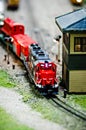 Miniature toy model train locomotives on display