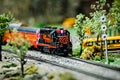 Miniature toy model train locomotives on display