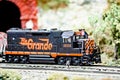 Miniature toy model train locomotives on display