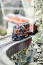 Miniature toy model train locomotives on display