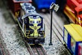 Miniature toy model train locomotives on display