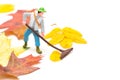 Miniature toy person raking foliage on white