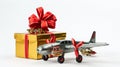 Miniature toy retro airplane with little gift. generated by AI tool.
