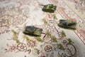 miniature toy soldiers and tank on board. Close up image of toy military at war. Royalty Free Stock Photo