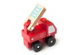 miniature toy, wooden fire truck on white background Royalty Free Stock Photo