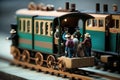 miniature train set with moving parts and passengers on board