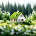 Miniature Tranquility: Toy Model of a Small Country House in Green Plants with a Grass Roof - Isolated on White Background with Royalty Free Stock Photo