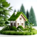 Miniature Tranquility: Toy Model of a Small Country House in Green Plants with a Grass Roof - Isolated on White Background with Royalty Free Stock Photo