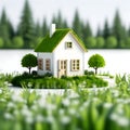 Miniature Tranquility: Toy Model of a Small Country House in Green Plants with a Grass Roof - Isolated on White Background with Royalty Free Stock Photo