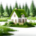 Miniature Tranquility: Toy Model of a Small Country House in Green Plants with a Grass Roof - Isolated on White Background with Royalty Free Stock Photo