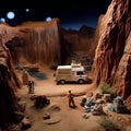 Miniature people : Traveler with camper van in the desert. Stop - motion animation style, offroad 4wd, 1990s. Royalty Free Stock Photo