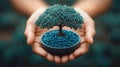 Miniature tree growing on human hands, symbolizing environmental conservation. Royalty Free Stock Photo