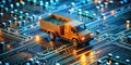 Miniature truck transporting data across a circuit board, symbolizing the movement of digital information. Generative AI Royalty Free Stock Photo