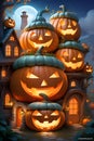 A miniature village built of hollowed-out pumpkins, cheerful pumpkins grinning with welcoming faces, night scene, cute, horor Royalty Free Stock Photo