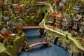 miniature village with a river and bridge scene