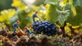 Miniature vineyard workers gathering grapes in rustic setting