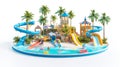 A miniature waterpark model with slides and pools surrounded by palm trees