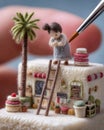 Miniature Whimsical Scene: A Small Doll Figurine on a Tiny House Royalty Free Stock Photo