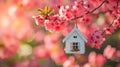 Miniature white house hangs on a blooming pink tree on a sunny day. Real estate and mortgage concept. Affordable Housing