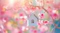 Miniature white house hangs on a blooming pink tree on a sunny day. Real estate and mortgage concept. Affordable Housing