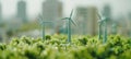 Miniature wind park in scenic landscape harnessing nature s energy, towering among lush greenery