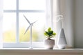 A miniature windmill figurine, a green flower and an aromatic humidifier on the windowsill in a light, modern and minimalist home