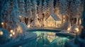 Cozy Winter Cabin by Reflecting Pond, Magical Paper Forest Scene Royalty Free Stock Photo