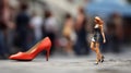 Miniature Woman Figure Walking Towards a Giant Red High Heel