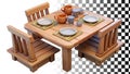 Miniature wooden dining table chairs set simple meal scene png transparent image Generative AI
