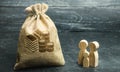 Miniature wooden family figurines stand near a money bag. The concept of savings. Budget planning. Distribution of profits.