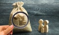 Miniature wooden family figurines stand near a money bag. The concept of savings. Budget planning. Distribution of profits.