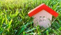 Miniature wooden house on grass. Real estate concept. Eco-friendly and energy efficient house. Buying a home outside the city. The