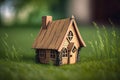 Miniature wooden house on a green grass. Real estate concept. Eco-friendly home. Buying a housing outside the city. Generative ai Royalty Free Stock Photo