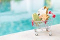 Miniature wooden house model in shopping cart over blurred swimming pool water background Royalty Free Stock Photo