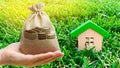 Miniature wooden house and money bag on grass. Real estate concept. Eco-friendly and energy efficient house. Buying a home outside