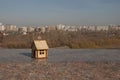 Miniature wooden house outdoor nature. Real estate concept. Modern housing. Eco-friendly energy efficient house. Mortgage, loan Royalty Free Stock Photo