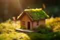 Miniature wooden house in spring grass and moss showing the pure nature, AI generated Royalty Free Stock Photo