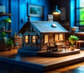 A miniature wooden house on a table