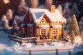 Miniature wooden house wall at winter. Generate Ai