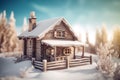 Miniature wooden house at winter. Generate Ai