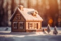 Miniature wooden house at winter sunset. Generate Ai