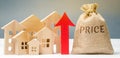 Miniature wooden houses, a money bag with the word Price and an up arrow. The concept of increasing housing prices. Rising rent.