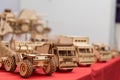 Miniature wooden mechanical car gears on the table