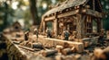 Miniature Woodworkers Crafting Rustic Building in Forest Scene Royalty Free Stock Photo