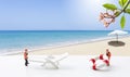 Miniature worker moving beach chair and life preserver over tropical beach background