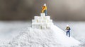 Miniature workers building sugar cube pyramid on powdered sugar pile Royalty Free Stock Photo