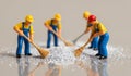 Miniature workers cleaning up glitter in a playful scene of teamwork and creativity Royalty Free Stock Photo