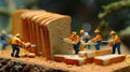 Miniature Workers Harvesting Giant Slices of Bread Royalty Free Stock Photo