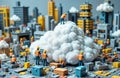 Miniature workers engage in cloud computing tech project on miniature city model. Engineers work hard on large white fluffy cloud