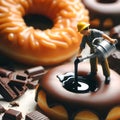 Miniature workers icing donuts